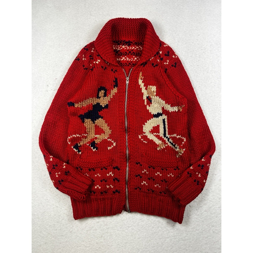 Vintage Mary Maxim Cowichan Figure Skating, Wool, Hand Knit Red Zip Up Sweater - Picture 2 of 16